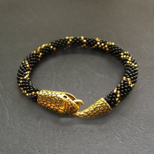Unisex Beaded black Bracelet, Witch Snake Jewelry Ouroboros, gold Crochet reptile, Celtic Serpent,gift for friend