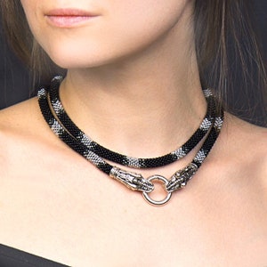 Long Black silver Beaded unisex, dragon necklace, Layering sparkling black & silver gentle Jewelry, personalized length dragon choker