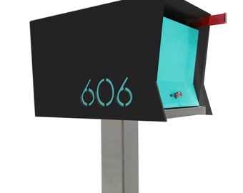 RetroBox in BLACK: is a  Midcentury Modern Contemporary Retro Designed Optional Locking Post Mounted Mailbox.