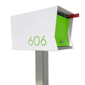 RetroBox in WHITE: is a Midcentury Modern Contemporary Retro Designed Optional Locking Post Mounted Mailbox