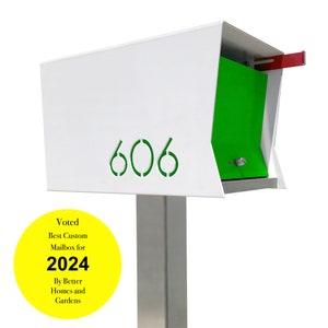 RetroBox in WHITE: is a Midcentury Modern Contemporary Retro Designed Optional Locking Post Mounted Mailbox