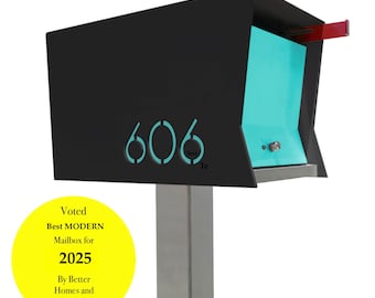 RetroBox in TEXTURED MATT BLACK: is a  Midcentury Modern Contemporary Retro Designed Optional Locking Post Mounted Mailbox.
