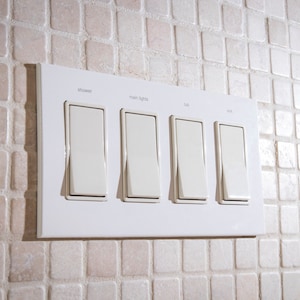 4 Gang:  Custom Labeled Metal Switch Plate Cover for Rocker switches,  Modern, Contemporary Designed & available in 5 finishes.