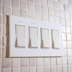 4 Gang:  Custom Labeled Metal Switch Plate Cover for Rocker switches,  Modern, Retro Designed & available in 5 finishes.