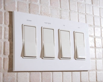 4 Gang:  Custom Labeled Metal Switch Plate Cover for Rocker switches,  Modern, Contemporary Designed & available in 5 finishes.