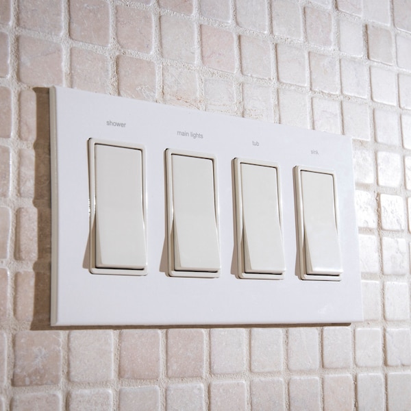 4 Gang:  Custom Labeled Metal Switch Plate Cover for Rocker switches,  Modern, Retro Designed & available in 5 finishes.