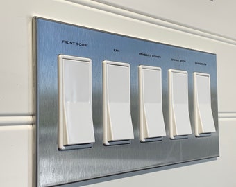 5 Gang: Custom Labeled Metal Switch Plate Cover for Rocker switches,  Modern, Retro Designed & available in 5 finishes.