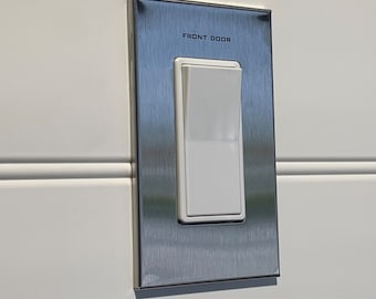 1 Gang:  Custom Labeled Metal Switch Plate Cover for Rocker switches,  Modern, Retro Designed & available in 5 finishes.