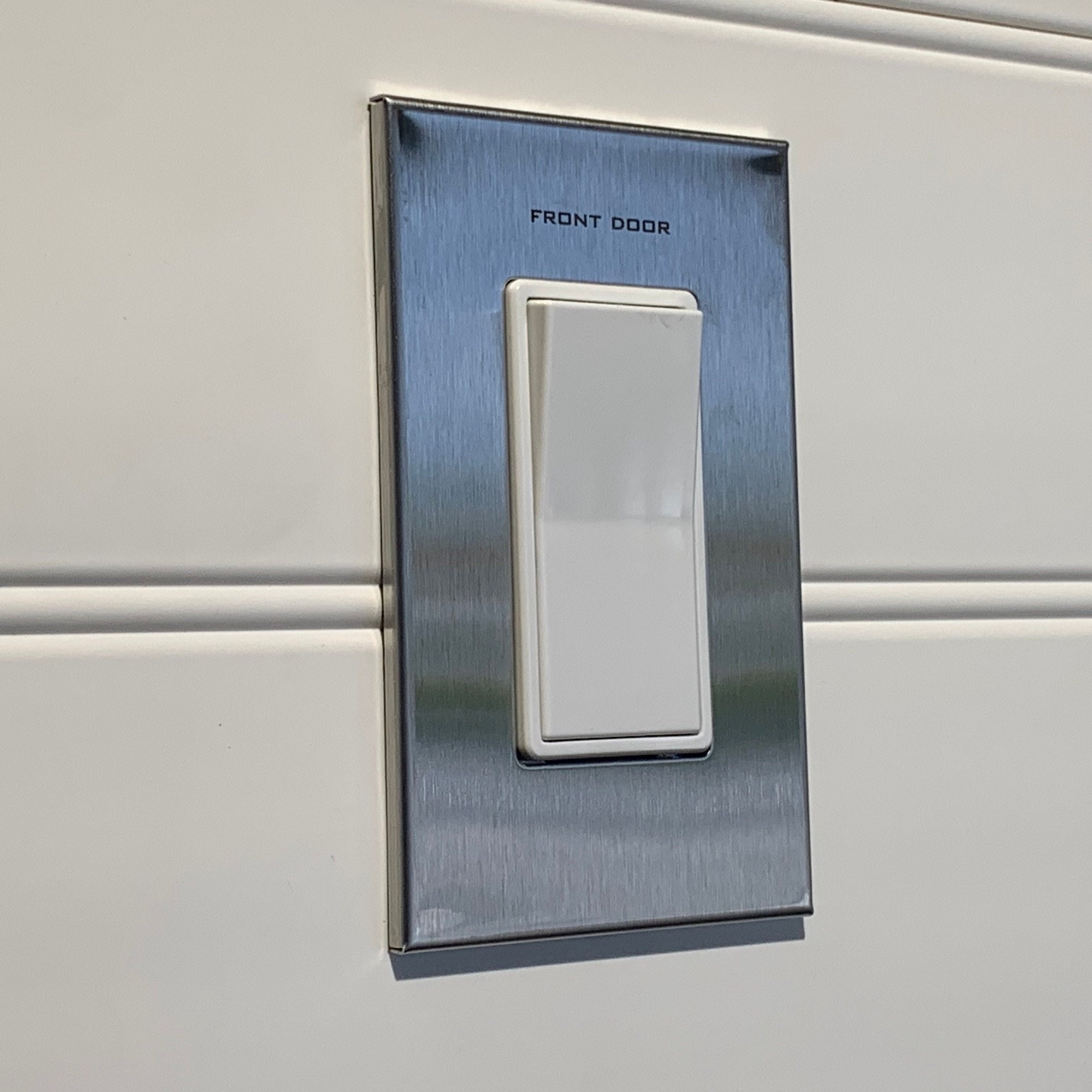 1 Gang:  Custom Labeled  Switch Plate Cover for Rocker switches,  Modern, Contemporary Designed & available in 5 finishes.