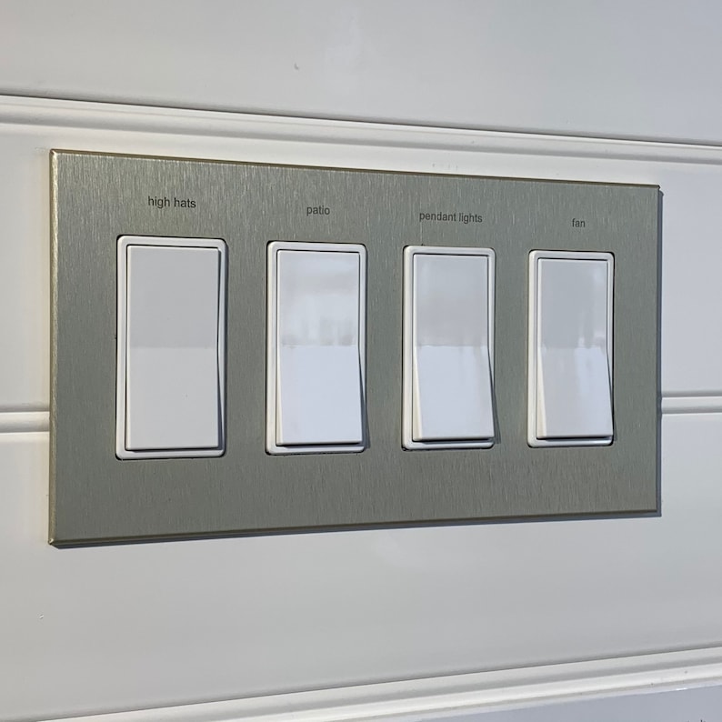 4 Gang: Custom Labeled Metal Switch Plate Cover for Rocker switches, Modern, Retro Designed & available in 5 finishes. image 8