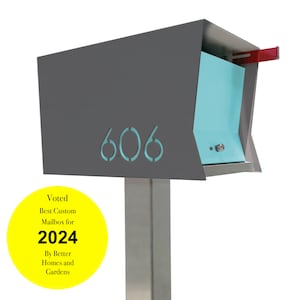 RetroBox en GRIS : est une boîte aux lettres sur poteau verrouillable en option de conception rétro, moderne et contemporaine de style Mid-Century
