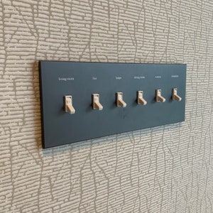 6 Gang:  Custom Labeled Metal Switch Plate Cover for Toggle switches,  Modern, Contemporary Designed & available in 5 finishes.