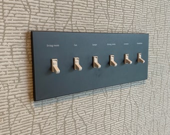 6 Gang:  Custom Labeled Metal Switch Plate Cover for Toggle switches,  Modern, Retro Designed & available in 5 finishes.