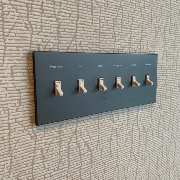 6 Gang:  Custom Labeled Metal Switch Plate Cover for Toggle switches,  Modern, Retro Designed & available in 5 finishes.