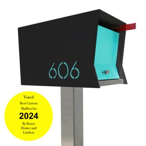 RetroBox in BLACK: is a  Midcentury Modern Contemporary Retro Designed Optional Locking Post Mounted Mailbox.