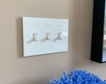 3 Gang :  Custom Labeled Metal Switch Plate Cover for Toggle switches,  Modern, Contemporary Designed & available in 5 finishes.