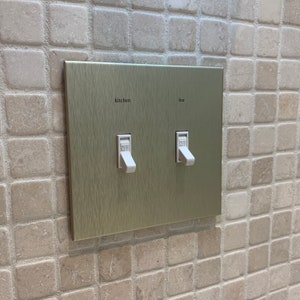 2 Gang: Custom Labeled Metal Switch Plate Cover for Toggle switches,  Modern, Contemporary Designed & available in 5 finishes.