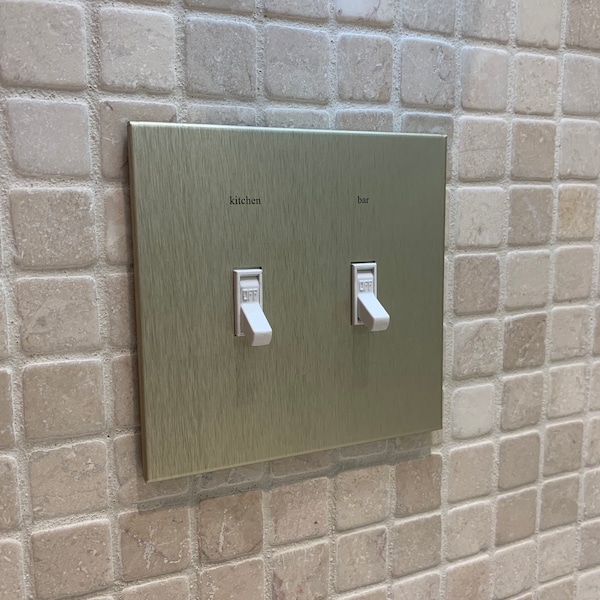 2 Gang: Custom Labeled Metal Switch Plate Cover for Toggle switches,  Modern, Retro Designed & available in 5 finishes.
