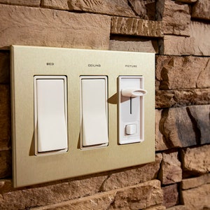 3 Gang: Custom Labeled Metal Switch Plate Cover for Rocker switches,  Modern, Contemporary Designed & available in 5 finishes.
