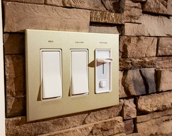 3 Gang: Custom Labeled Metal Switch Plate Cover for Rocker switches,  Modern, Contemporary Designed & available in 5 finishes.