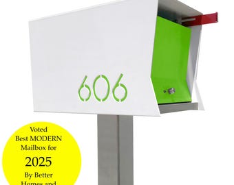 RetroBox in WHITE: is a Midcentury Modern Contemporary Retro Designed Optional Locking Post Mounted Mailbox