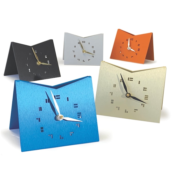 Midcentury Modern Contemporary Retro Designed Table clock, The KittyKat Clock, a modern analogue clock that adds a pop of color to any room.