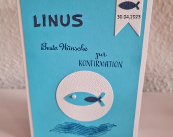 Konfirmationskarte, Karte Beste Wünsche zur Konfirmation, Fisch, maritim Kommunion, Firmung, Taufe auch als Einladung individualisierbar