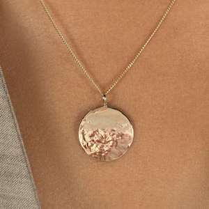 Solid Gold Hammered Disc Necklace, 9ct Gold Textured Large Coin Pendant, Handmade Gold Layering Necklace, Gold Sparkle Disc Necklace