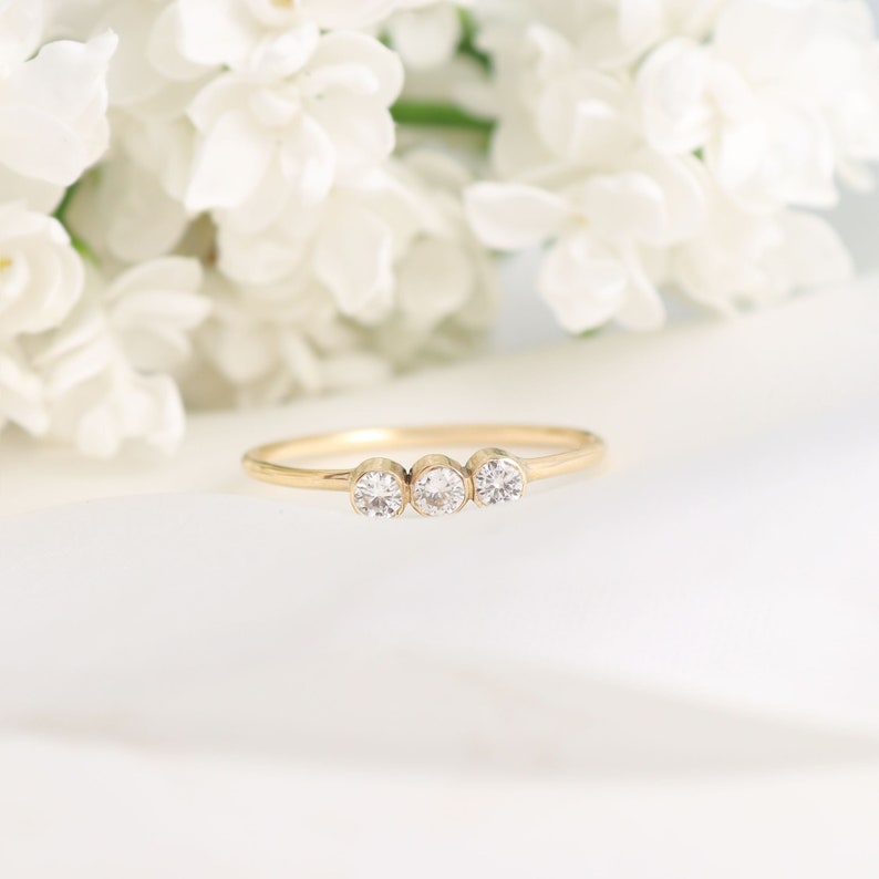 9ct Trilogy Ring with Bezel Set Moissanite, Solid Gold Three Stone Eternity Band, Lab-Grown Trinity Ring, Ethical Gold Engagement Ring image 4