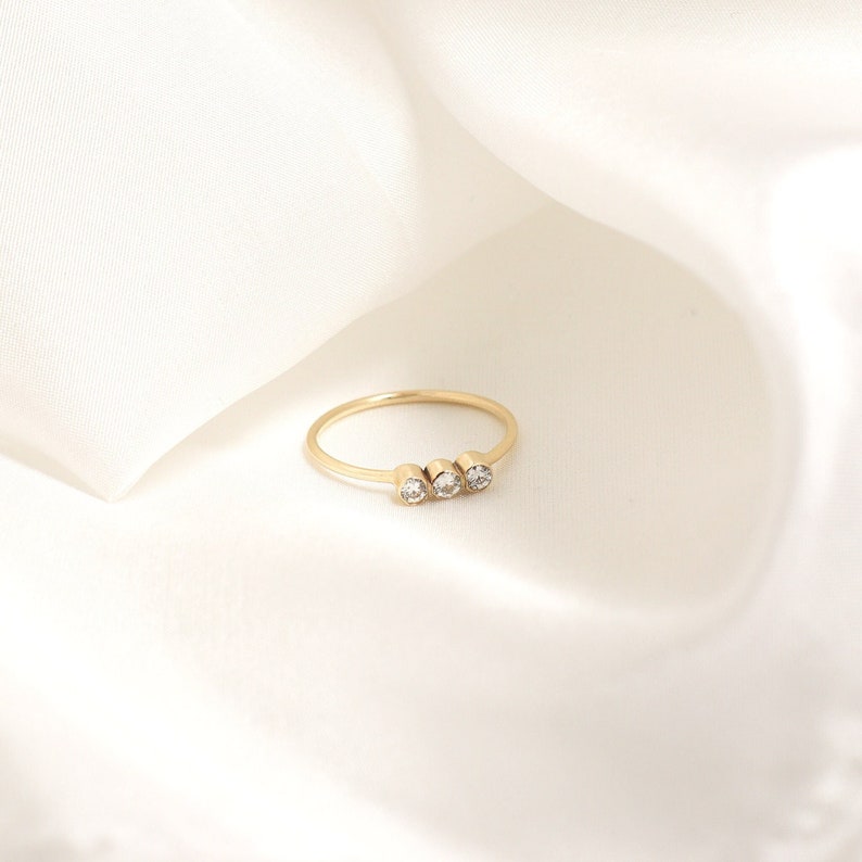 9ct Trilogy Ring with Bezel Set Moissanite, Solid Gold Three Stone Eternity Band, Lab-Grown Trinity Ring, Ethical Gold Engagement Ring image 1