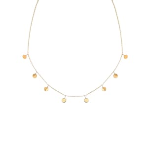 Lavey London's Solid Gold Drop Mini Circle Disc Pendant Choker Necklace Displayed on White Background
