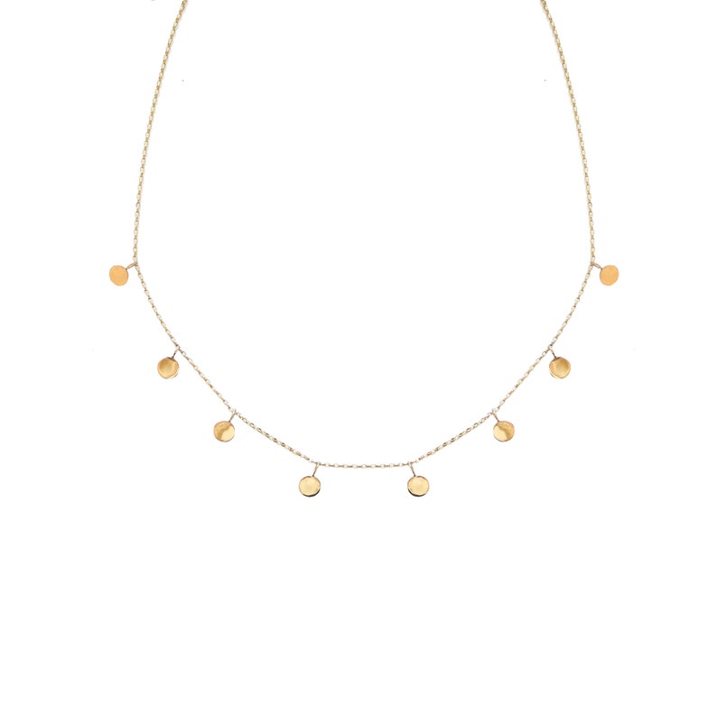Lavey London's Solid Gold Drop Mini Circle Disc Pendant Choker Necklace Displayed on White Background