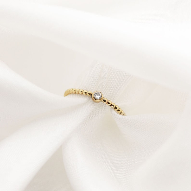 Solid Gold Beaded Diamond Stack Ring, Lab-Grown Diamond Solitaire Ring, 9ct Gold Diamond Layering Ring, Ethical Thin Bezel Set Diamond Ring image 2