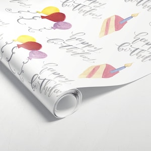 Birthday Gift Wrap | Happy Birthday Wrapping Paper | Birthday Cake Paper | Balloon Wrapping Paper | Watercolor Print | Multicolor Gift Wrap