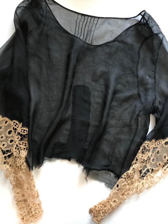 30's Sheer Silk Chiffon Lace Sleeve Blouse Top