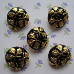 Könnte beinhalten: Fünf schwarze Knöpfe mit goldenen Blattverzierungen in Form von Blättern. Die Knöpfe sind rund und haben eine glänzende Oberfläche.
