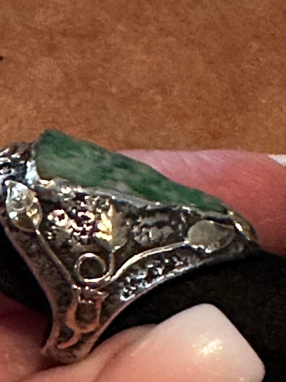 Vintage Arts & Crafts Jade, Gold and Sterling Ring - image 3