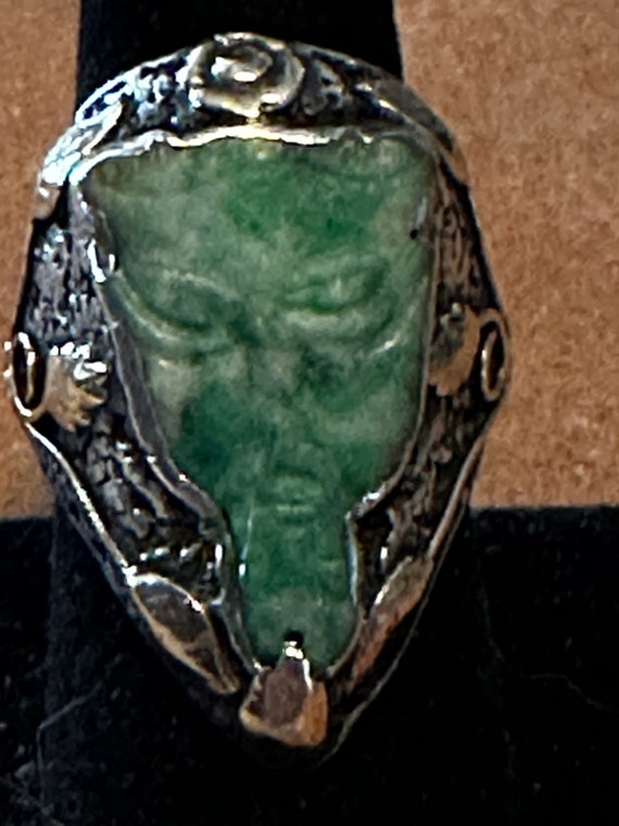 Vintage Arts & Crafts Jade, Gold and Sterling Ring - image 1