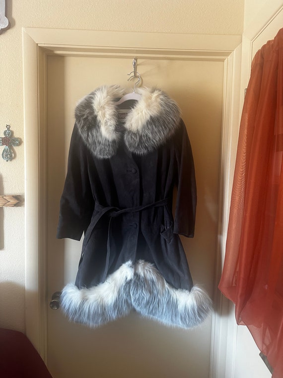 Charcoal Gray Suede Coat with Fox Fur