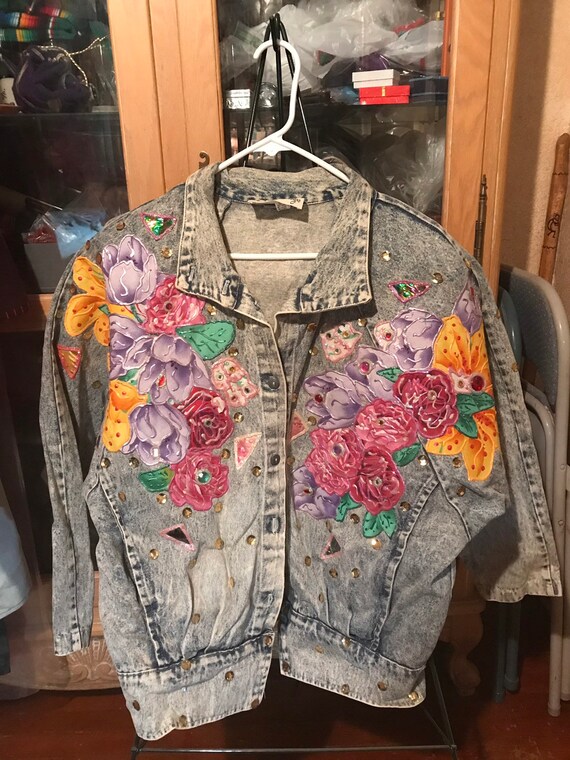 Hand Painted Floral Vintage 1980's Denim Jacket