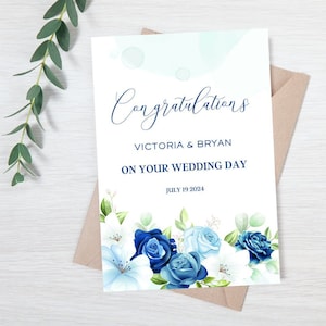 Personalized Wedding Day Card, Congrats Wedding Day Card, Wedding Day Card, Congratulations Wedding Card, Blue Floral Wedding Day Card