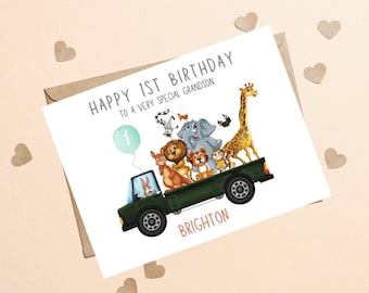 To A Special Grandson 1st Birthday, Grandson 1st Birthday Card, First Birthday Card For Grandson, Cute Safari Animal Boy 1st Birthday Card