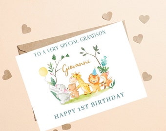 À un petit-fils spécial 1er anniversaire, petit-fils 1ère carte d'anniversaire, première carte d'anniversaire pour petit-fils, mignon Safari Animal garçon 1ère carte d'anniversaire