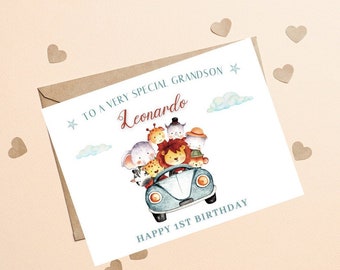À un petit-fils spécial 1er anniversaire, petit-fils 1ère carte d'anniversaire, première carte d'anniversaire pour petit-fils, mignon Safari Animal garçon 1ère carte d'anniversaire