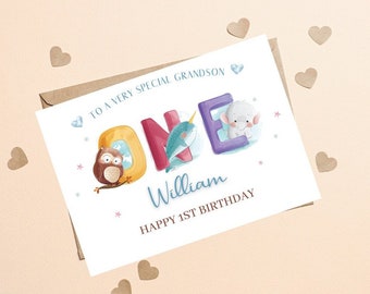 To A Special Grandson 1st Birthday, Grandson 1st Birthday Card, First Birthday Card For Grandson, Woodland Number One Birthday Card Grandson