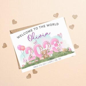 2023 Carte personnalisée New Baby Girl, Bienvenue dans le monde, Carte Nouveaux parents, Nouvelle carte de félicitations pour bébé, Nouveau cadeau bébé, Petite-fille