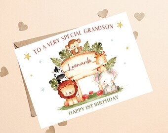 À un petit-fils spécial 1er anniversaire, petit-fils 1ère carte d'anniversaire, première carte d'anniversaire pour petit-fils, mignon Safari Animal garçon 1ère carte d'anniversaire