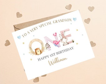 To A Special Grandson 1st Birthday, Grandson 1st Birthday Card, First Birthday Card For Grandson, Woodland Number One Birthday Card Grandson