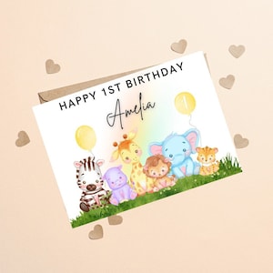 Animal 1er anniversaire, Joyeux 1er anniversaire personnalisé, Carte d’anniversaire d’animal mignon, Carte d’animal Safari mignon, Carte d’animal bébé, 1er anniversaire