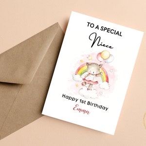 Rainbow First Birthday Card, To A Special Niece, Happy 1st Birthday, Personalised With Any Name, Girls First Birthday Card, For Girl